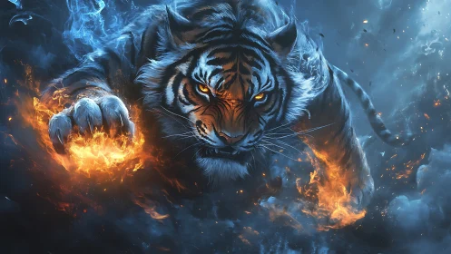Fiery spirit tiger racing through swirling blue storm clouds.