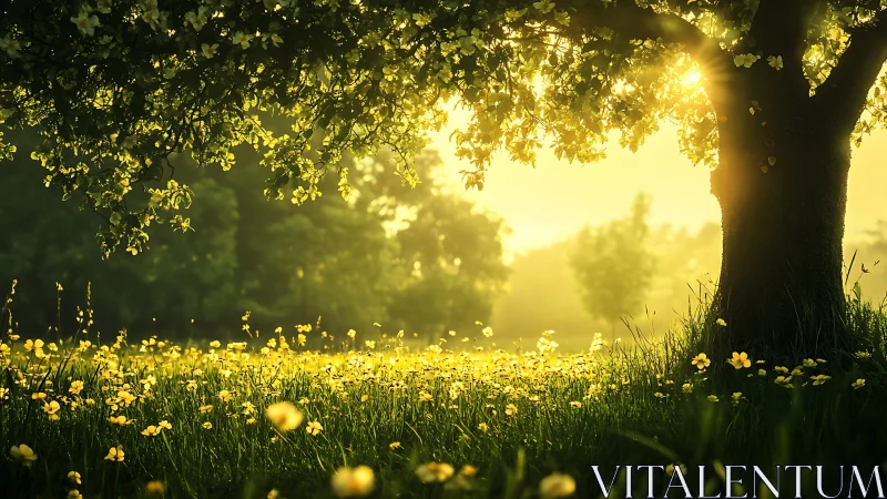 Sunlit meadow under large tree with yellow wildflowers.