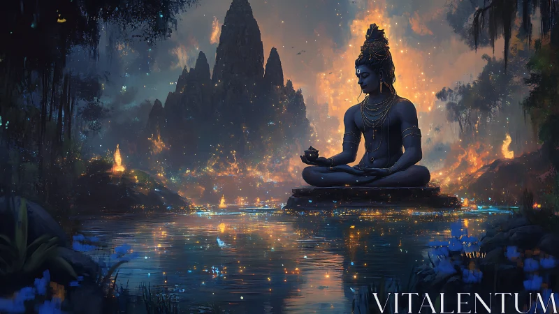 Seated deity statue by reflective water amid luminous fires.