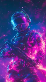 Neon-armored space operative in magenta plasma field portrait.