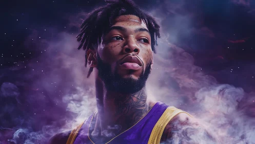 Basketball portrait amid cosmic smoke with vivid purple haze.