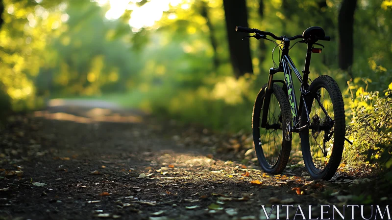 Mountain Bicycle Positioned on Forest Trail with Dappled Sunlight.