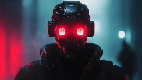 Cybernetic soldier with glowing red visor in neon haze.