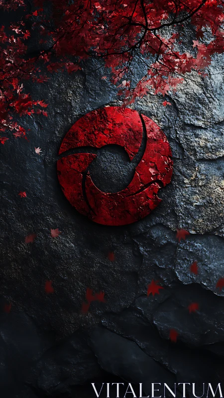 Crimson leaf sigil carved in stone beneath autumn canopy.