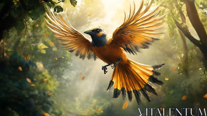 Vibrant orange bird in mid-flight, digital art style, sunlit forest.