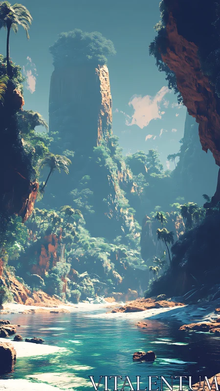 Vertical jungle canyon with turquoise river in atmospheric light