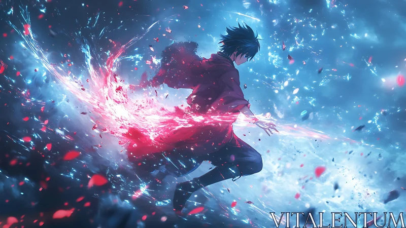 Anime swordsman channels crimson energy in dynamic vortex field