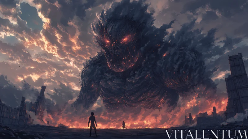 Colossal smoke titan looms over burning postwar cityscape