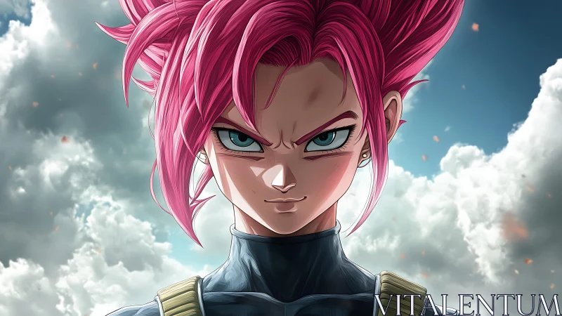 Pink haired anime warrior against dramatic cloudy sky.