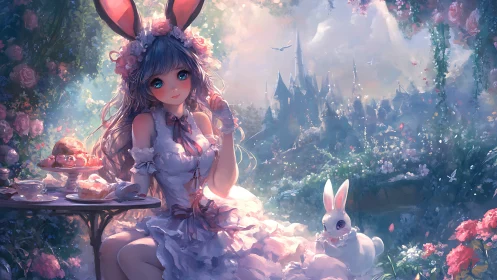 Luminous bunny-eared girl at rose garden tea tableau, castlescape.