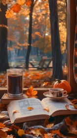 Autumn reading nook with steaming coffee and warm light.