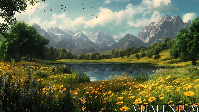 Alpine lake embraced by wildflower meadows and peaks.