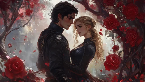 Romantic fantasy couple in rose garden with dramatic lighting.