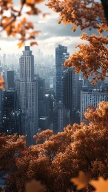 Photorealistic autumn skyline framed by elevated foliage.