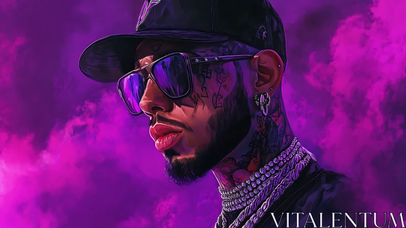 Tattooed hip-hop portrait in neon magenta vapor glow.