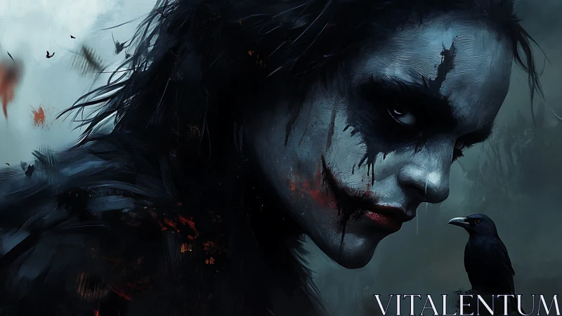 Crow-marked harbinger with bloodstained smile in stormed dusk.