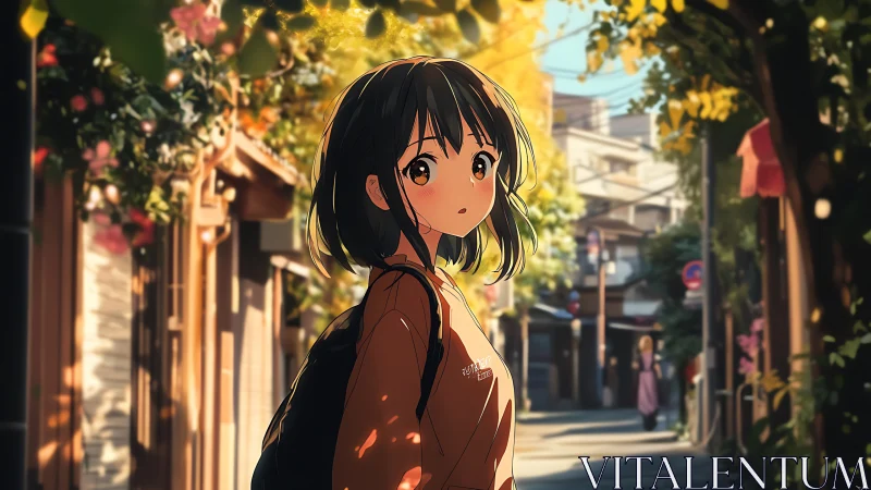 Anime girl with backpack on sunlit quiet city street.