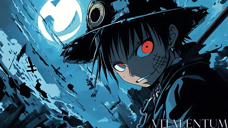 Moonlit anime warrior stares ahead with fiery glowing eyes