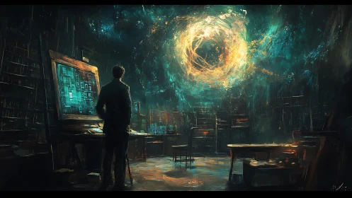 Figure observes luminous vortex in dim studio interior