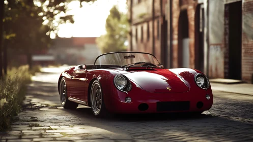 Red classic roadster parked on quiet cobblestone street.