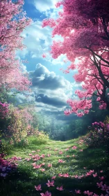 Blooming cherry path opens beneath a bright spring sky.