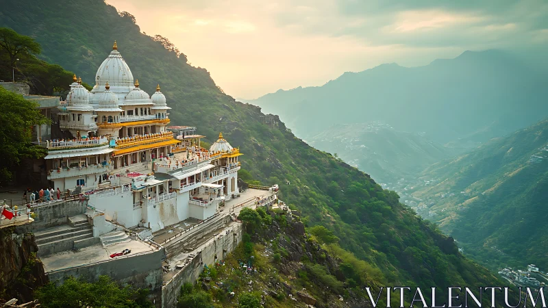 Hilltop temple complex overlooks misted green valley
