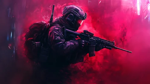 Futuristic tactical soldier advances through neon red smoke