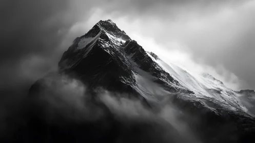 Stormlit alpine peak emerging through swirling highland mist.