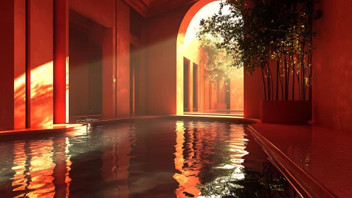 Red Chamber with Reflected Light and Interior Foliage