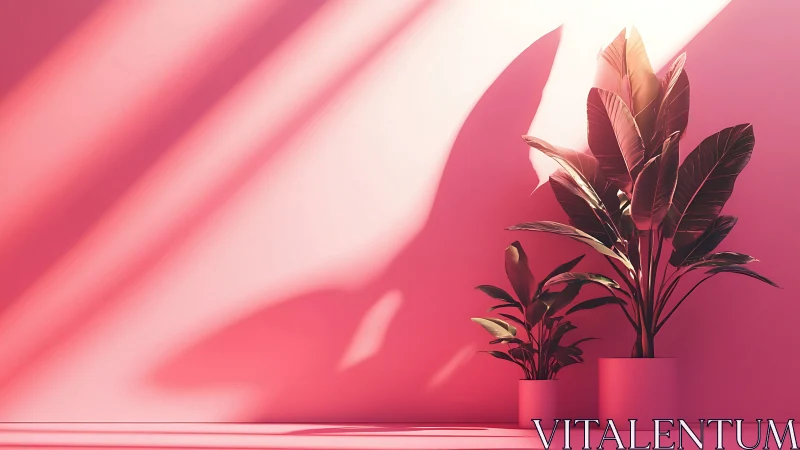 Monstera houseplants cast dramatic shadows in pink light