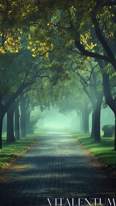 Foggy cobblestone path under backlit deciduous tree canopy