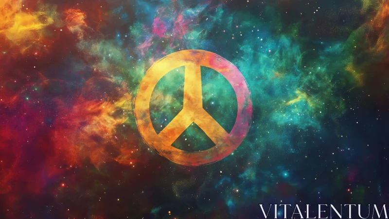 Nebular peace symbol glowing in vibrant cosmic clouds.