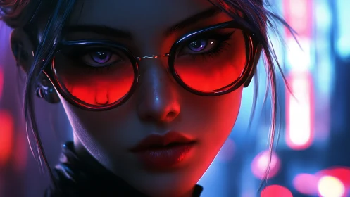 Neon-lit cyberpunk portrait with red-lensed glasses close-up