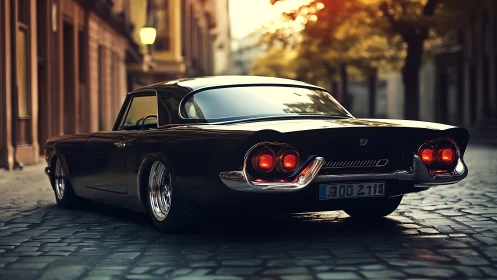 Photorealistic retro coupe on cobblestone street at dusk.