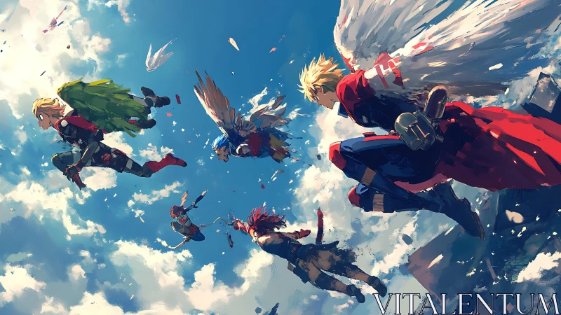 Winged armored figures traverse a high-altitude cloudy sky