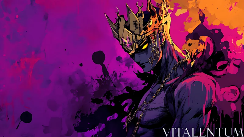 Inkfire crown king broods in neon storm of chaos and shadow.