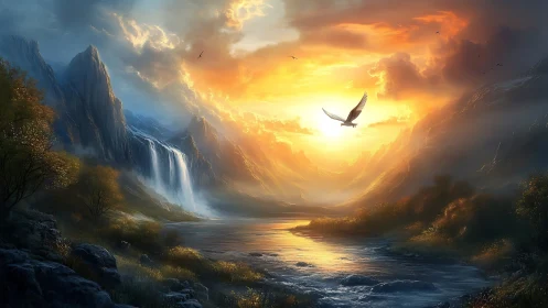 Golden sunrise over misty valley river and soaring eagle