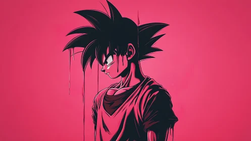 Brooding anime warrior stands against bold neon pink void