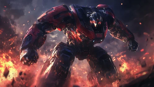 Fire-forged battle mech striding through swirling chaos.