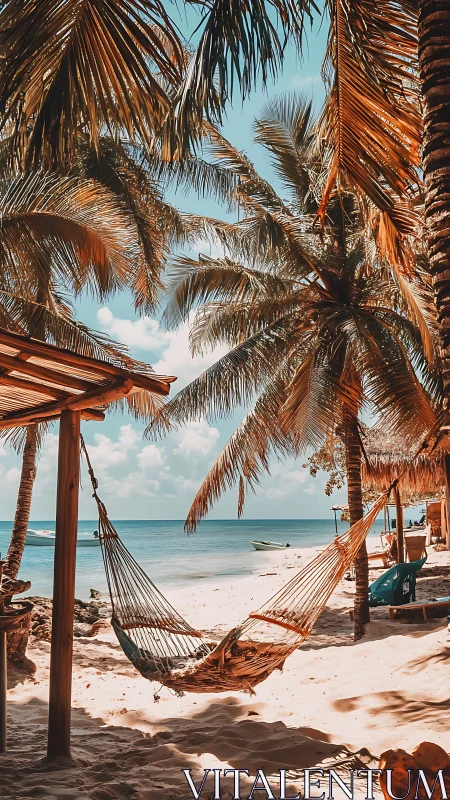 Sunlit tropical hammock hangs between palms beside calm sea