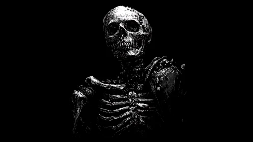 Monochrome skeletal figure emerges from deep black void