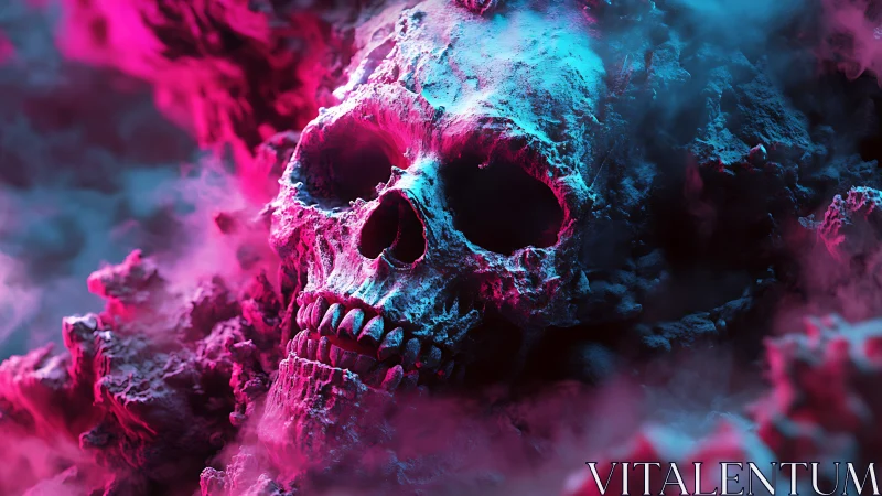Human skull rendered in neon fog with high surface detail