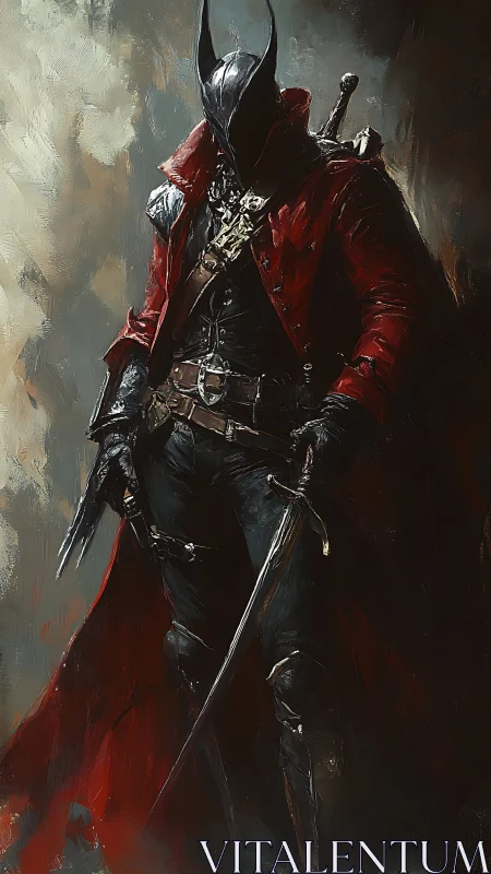 Dark masked swordsman in crimson coat stalks the shadows.