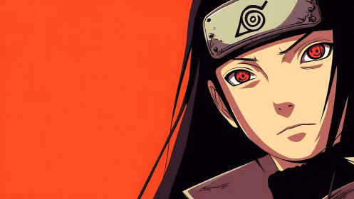 Red-eyed ninja portrait on flat orange minimalist background