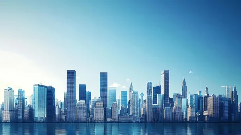 Urban skyline is rendered with reflective waterfront foreground