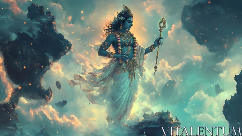 Celestial blue deity strolling through glowing cloud realms.