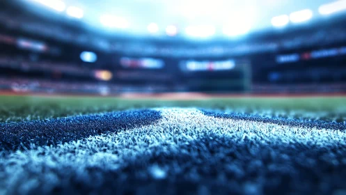 Close-up turf view of illuminated professional stadium field.