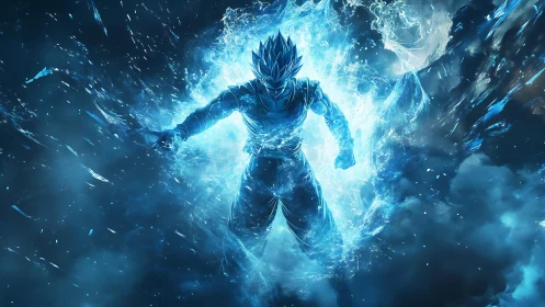 Blazing blue warrior surging forward in a storm of energy.