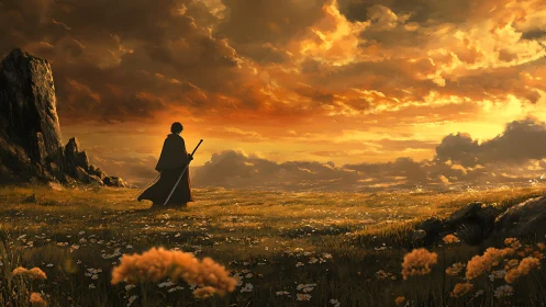 Solitary cloaked wanderer surveys sunlit meadow at dusk