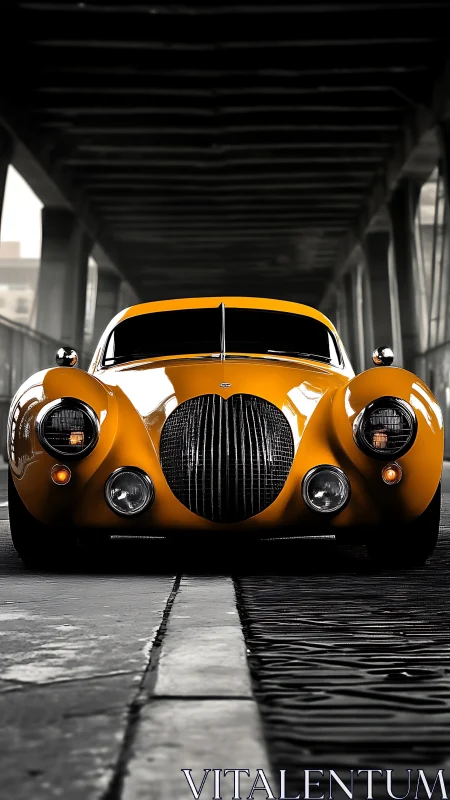 Vintage yellow coupe under urban overpass, frontal view.